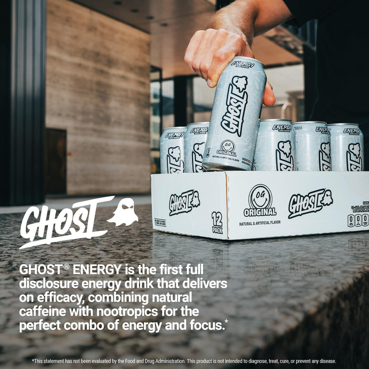 GHOST Energy Drink - 12-Pack, Original 16oz | 200mg Natural Caffeine, L-Carnitine & Taurine, Transparent Label, Vegan & Gluten-Free