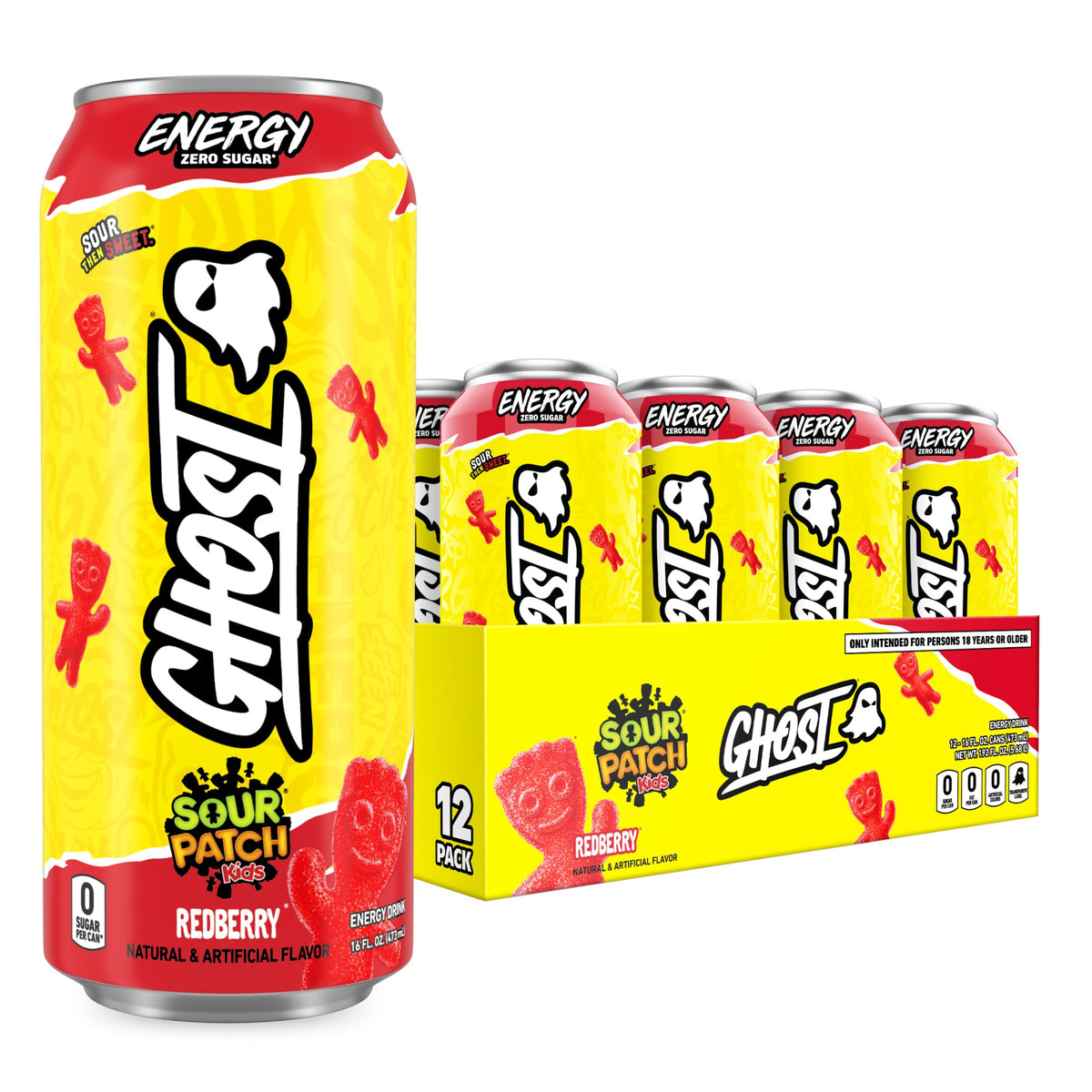 GHOST Energy Drink Sour Patch Kids Redberry 16oz – 12-Pack | 200mg Caffeine, No Sugar, Vegan