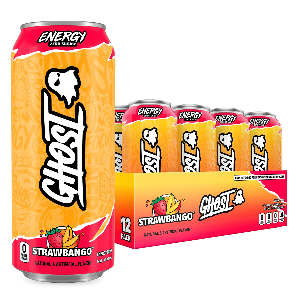 GHOST Energy Drink - Strawbango 16oz | 12-Pack | 200mg Natural Caffeine, L-Carnitine & Taurine | Gluten-Free & Vegan