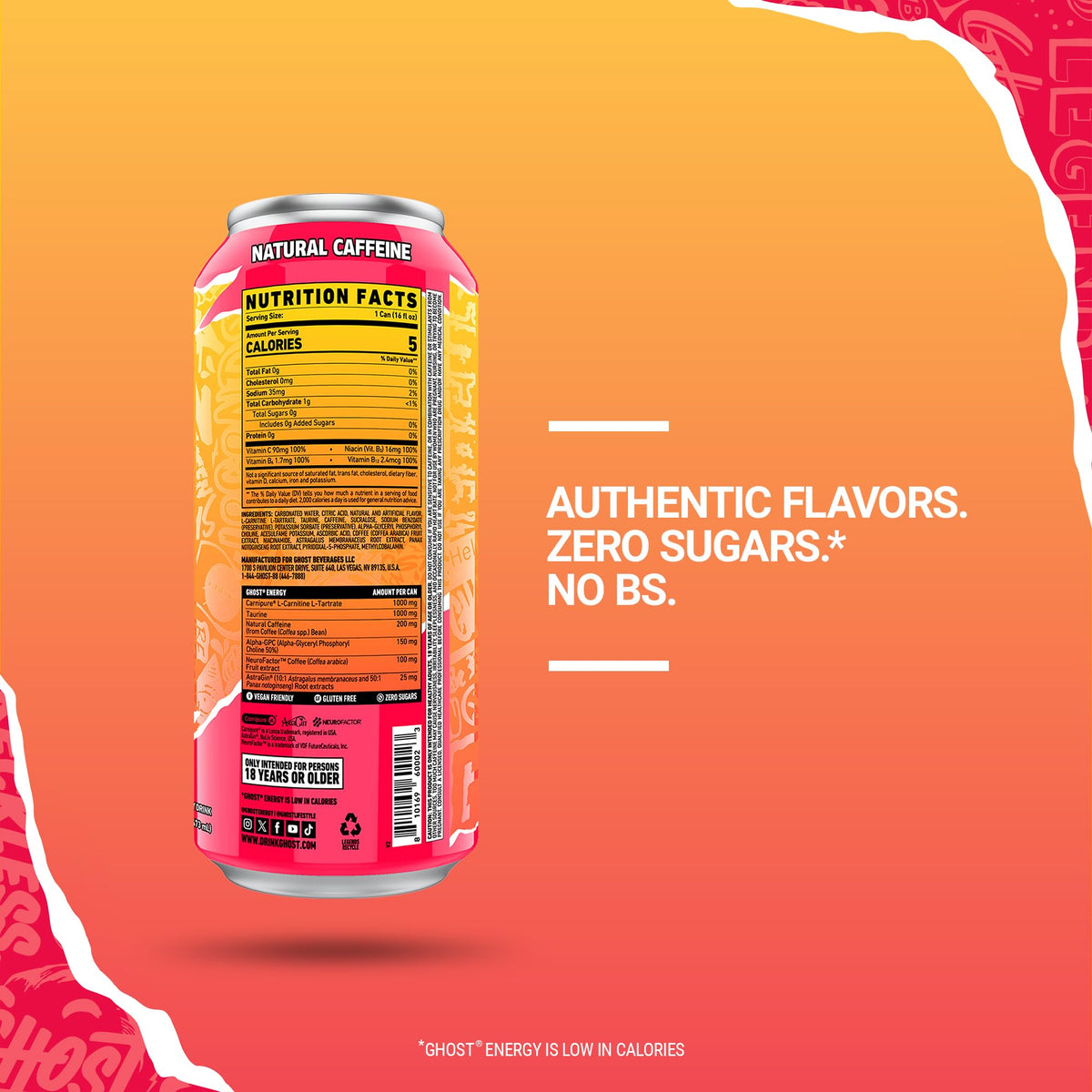 GHOST Energy Drink - Strawbango 16oz | 12-Pack | 200mg Natural Caffeine, L-Carnitine & Taurine | Gluten-Free & Vegan