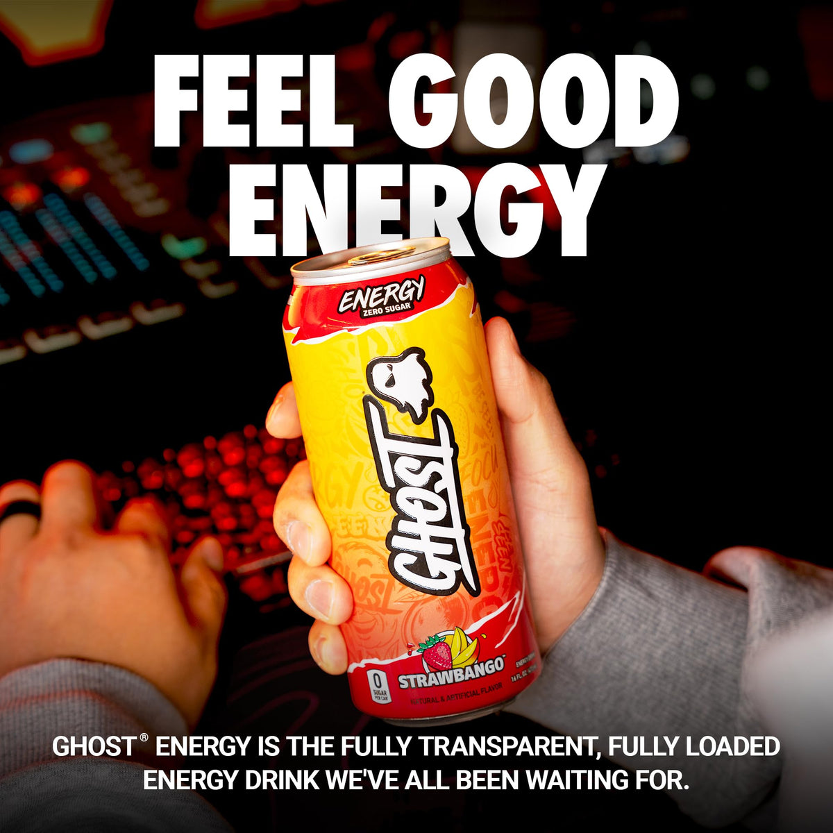 GHOST Energy Drink - Strawbango 16oz | 12-Pack | 200mg Natural Caffeine, L-Carnitine & Taurine | Gluten-Free & Vegan