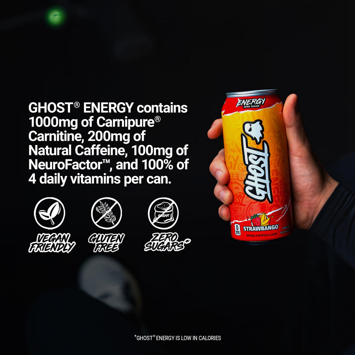 GHOST Energy Drink - Strawbango 16oz | 12-Pack | 200mg Natural Caffeine, L-Carnitine & Taurine | Gluten-Free & Vegan
