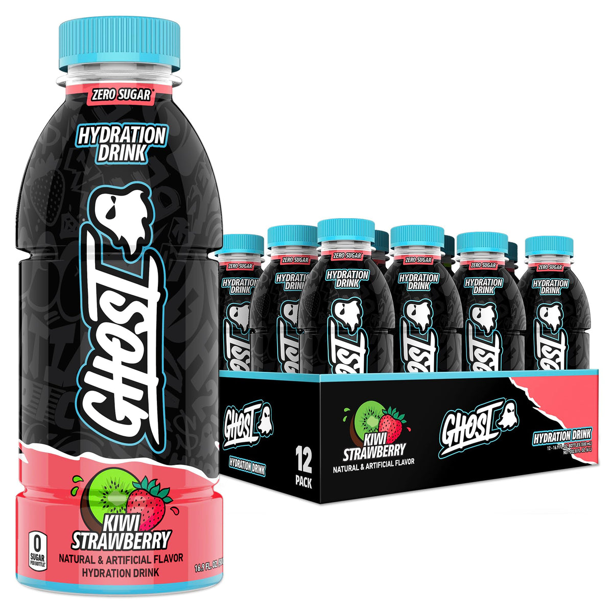 GHOST Hydration Kiwi Strawberry RTD Drink – Electrolytes, Vitamins, Zero Sugar & Zero Caffeine – 16.9 oz, 12 Pack