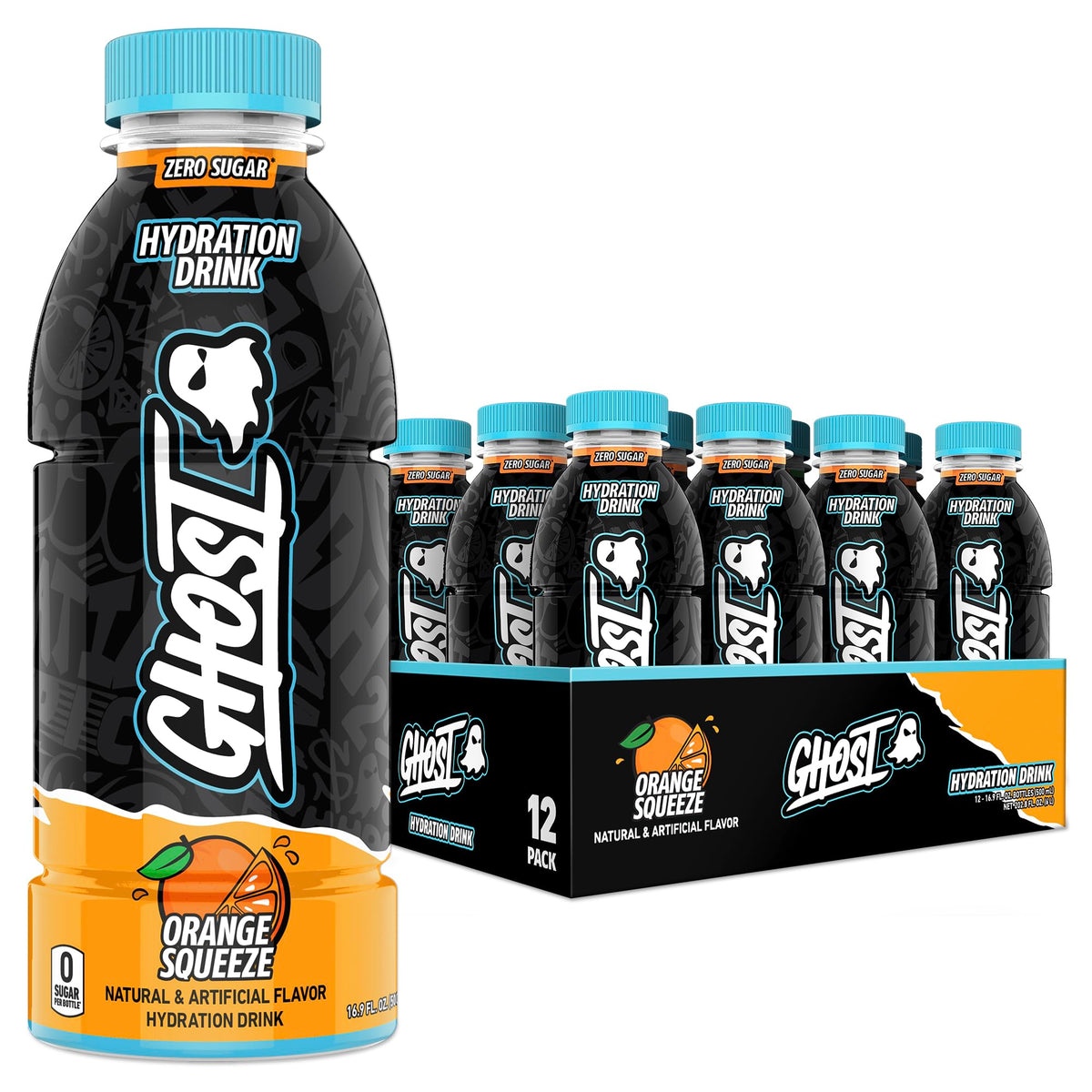 GHOST Hydration Orange Squeeze – Electrolyte Drink with Vitamins, Zero Sugar & Caffeine-Free – 16.9 fl oz RTD, 12-Pack