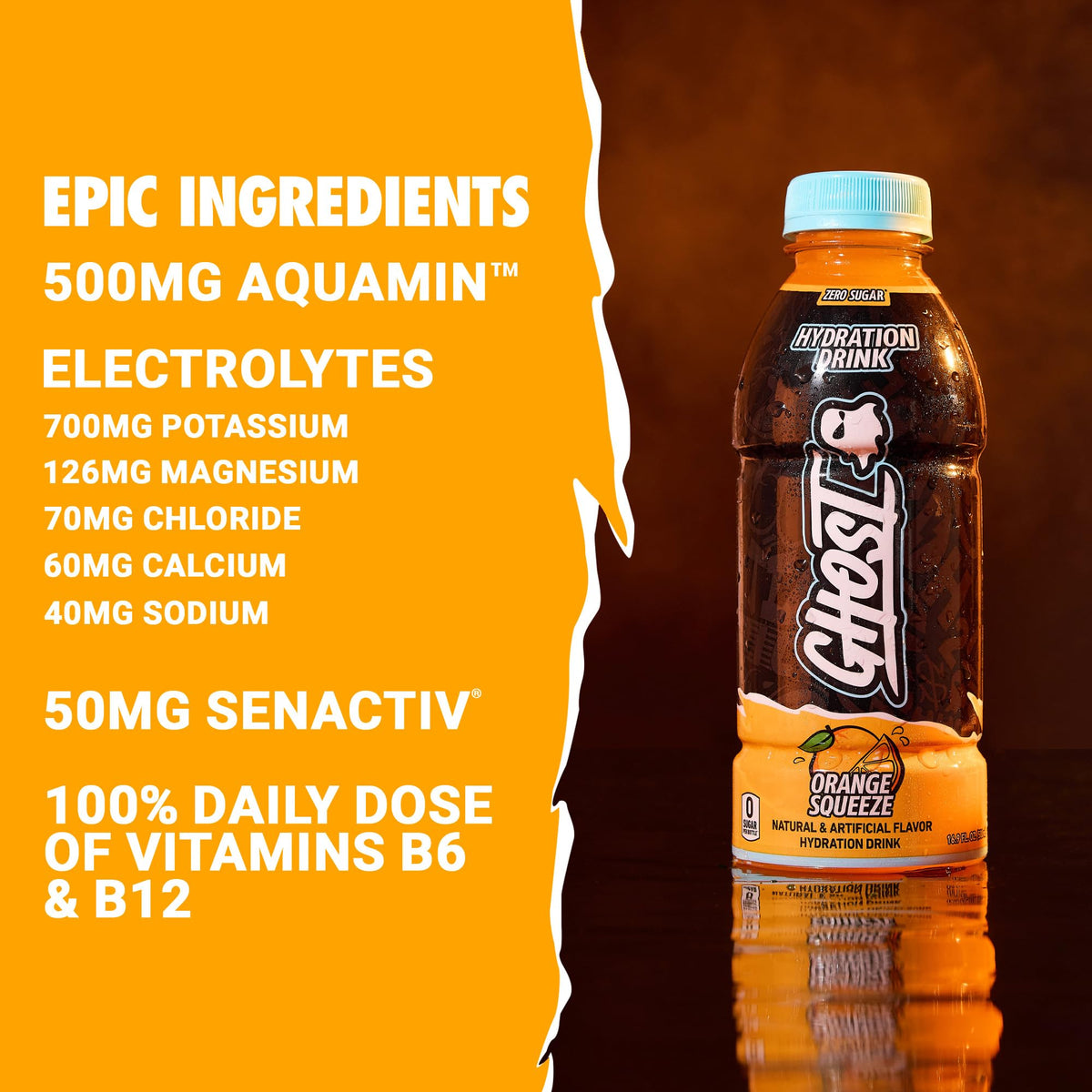 GHOST Hydration Orange Squeeze – Electrolyte Drink with Vitamins, Zero Sugar & Caffeine-Free – 16.9 fl oz RTD, 12-Pack
