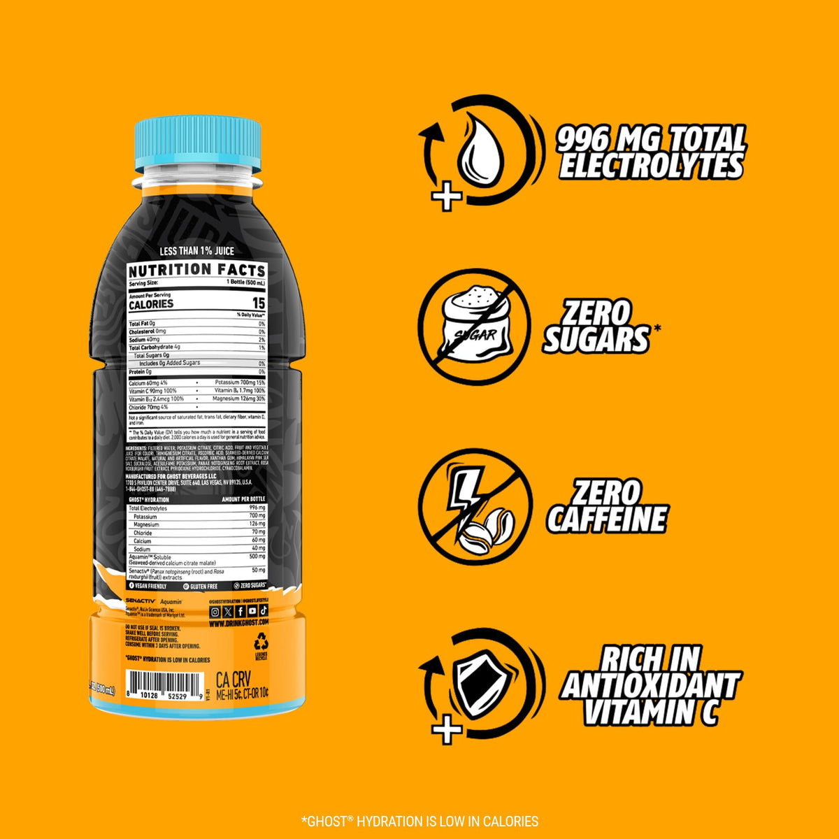 GHOST Hydration Orange Squeeze – Electrolyte Drink with Vitamins, Zero Sugar & Caffeine-Free – 16.9 fl oz RTD, 12-Pack