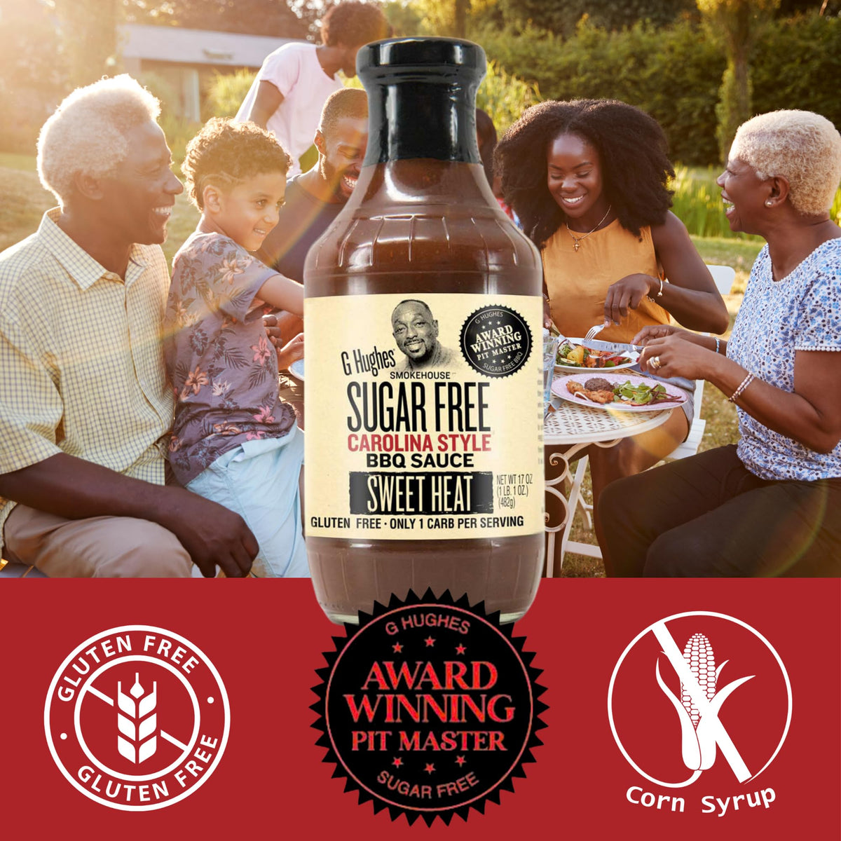 G Hughes Sugar Free Sweet Heat Carolina BBQ Sauce – Gluten Free, Low Carb, 17 oz (3-Pack)