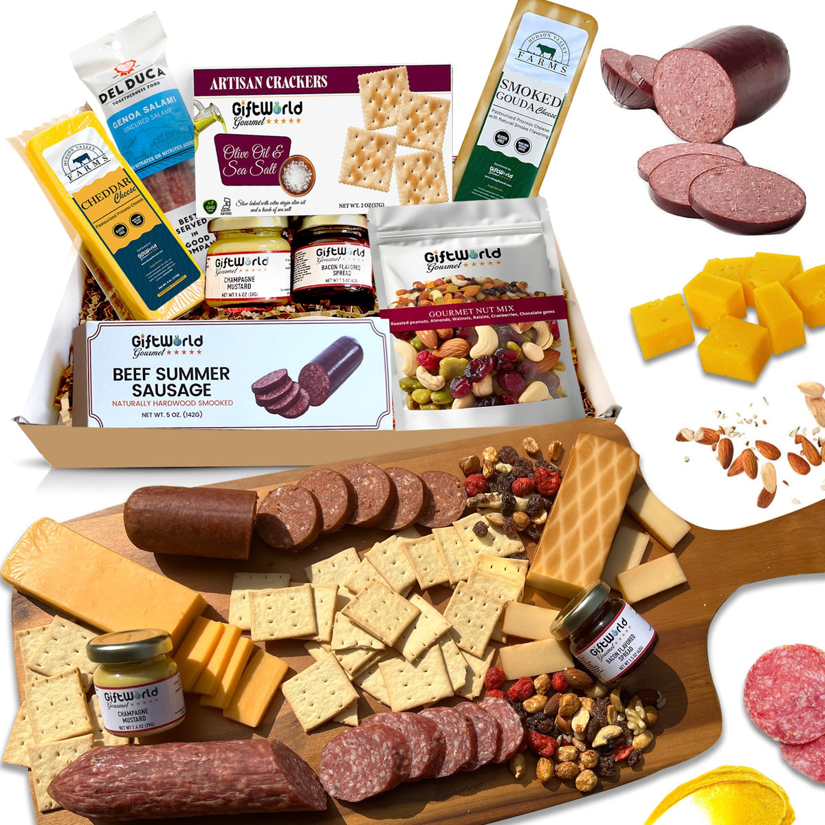 GiftWorld Charcuterie Meat & Cheese Gift Basket – 8‑Item Gourmet Bundle