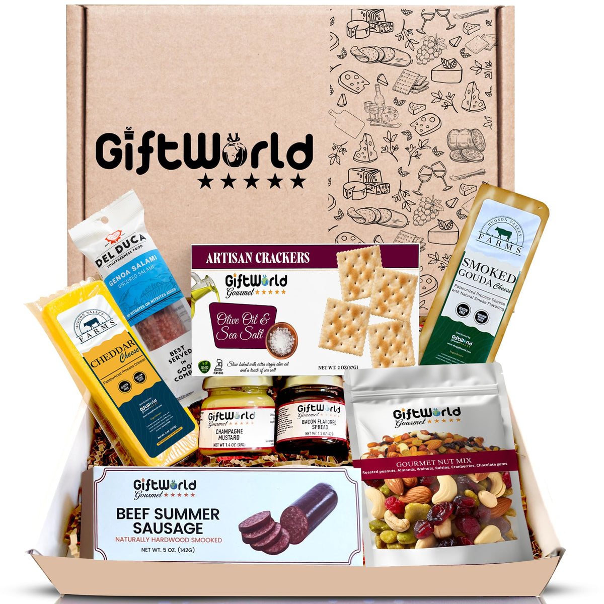 GiftWorld Charcuterie Meat & Cheese Gift Basket – 8‑Item Gourmet Bundle