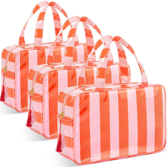 Gilprop 3 Pcs Waterproof Travel Toiletry Bag Clear Coated Stripe Makeup Bag with Handle Portable PVC Large Cosmetic Bags for Women Toiletries Bathroom Essentials Vacation Accessories(Pink-orange)