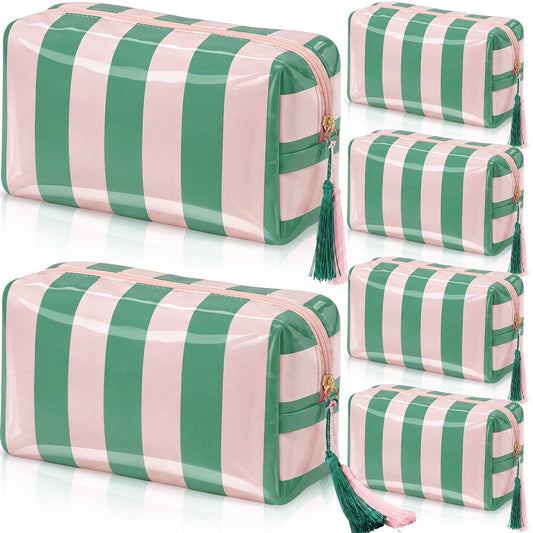 Gilprop 6 Pcs Waterproof Striped Makeup Bag Bulk for Women Pink Green PVC Travel Cosmetic Bag with Tassel Clear Coated Toiletry Organizer Beach Zipper Pouch for Pool Bathroom Vacation Bridal Showers