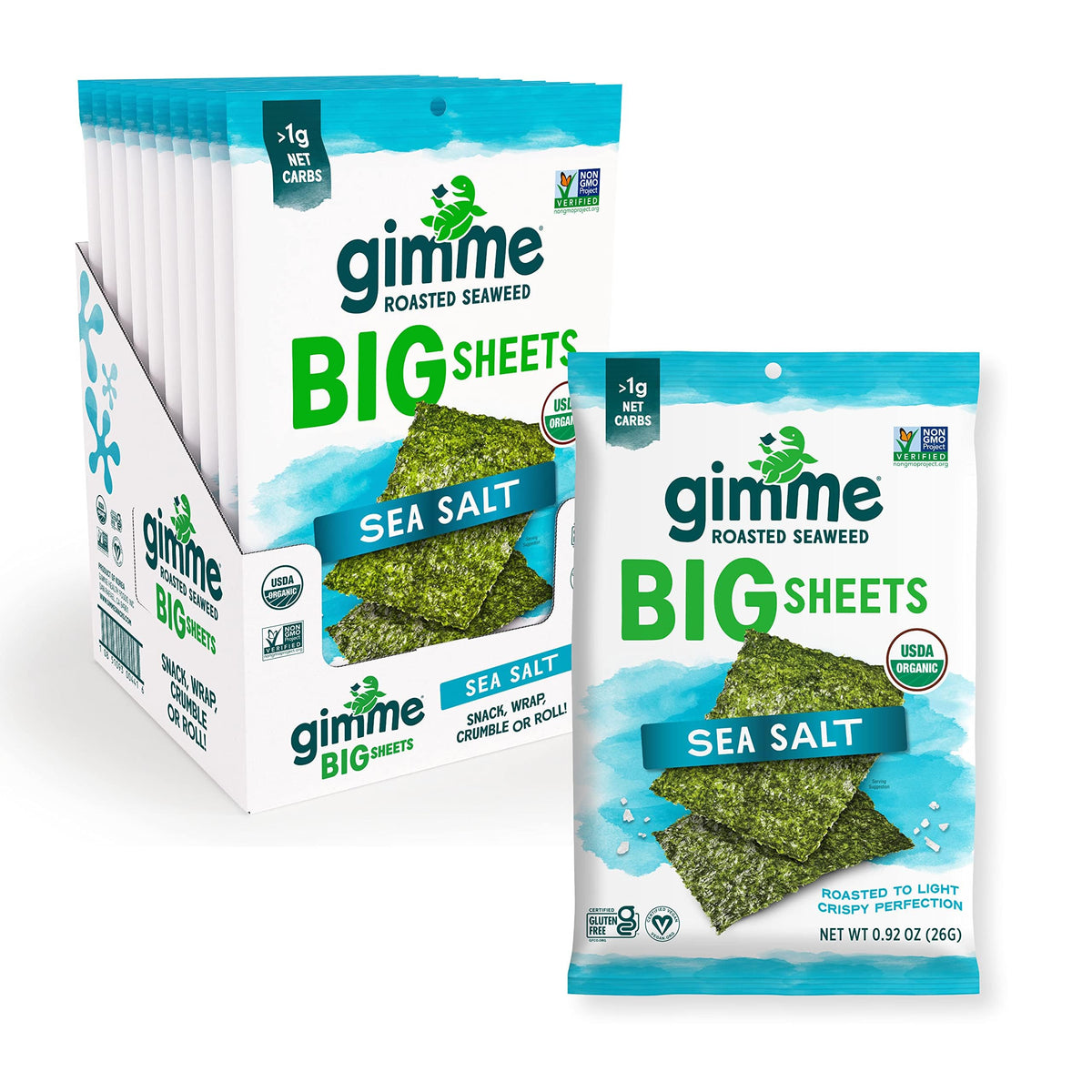 gimMe Seaweed Organic Big Sheets – Sea Salt, Keto-Friendly, 10 x 0.92oz
