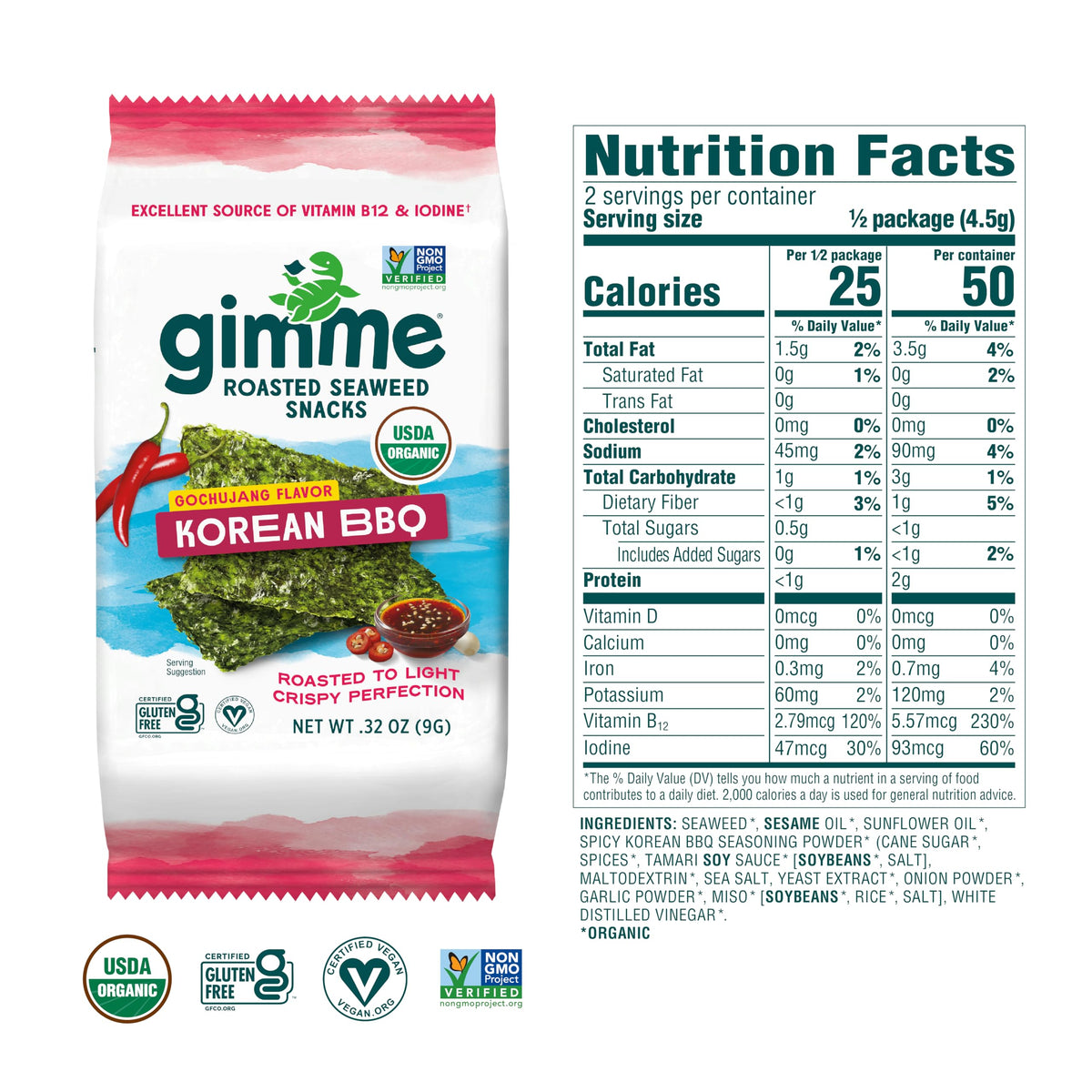 GimMe Organic Seaweed Snacks – Premium Korean BBQ Roasted Seaweed, 12-Pack Sharing Size | Keto, Vegan, Gluten-Free