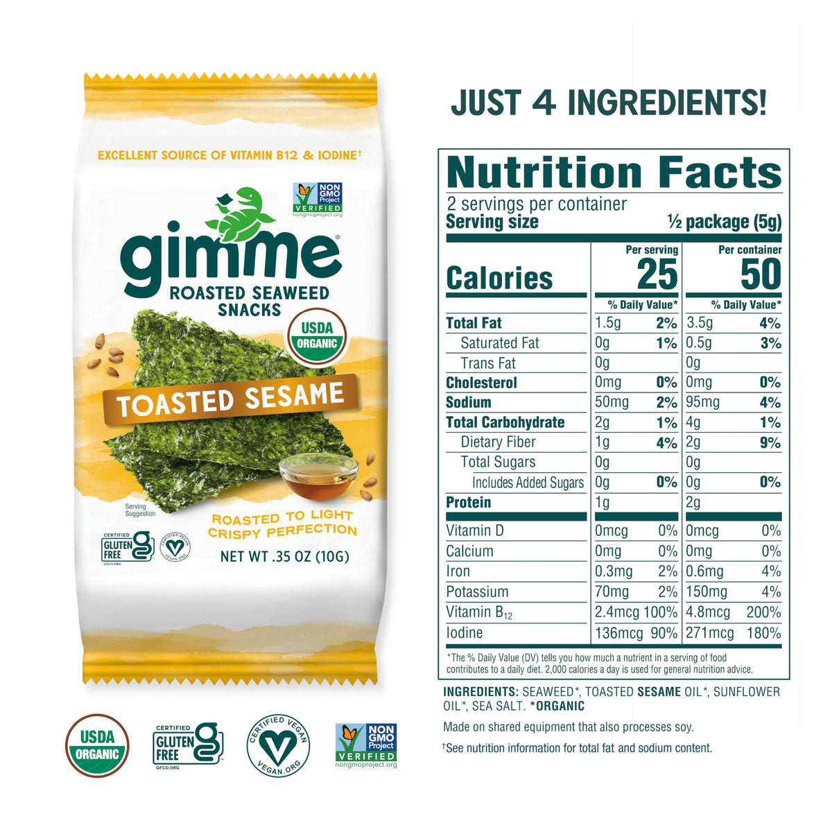 gimMe Seaweed Organic Premium Roasted Seaweed Snacks — Toasted Sesame, 12-Pack