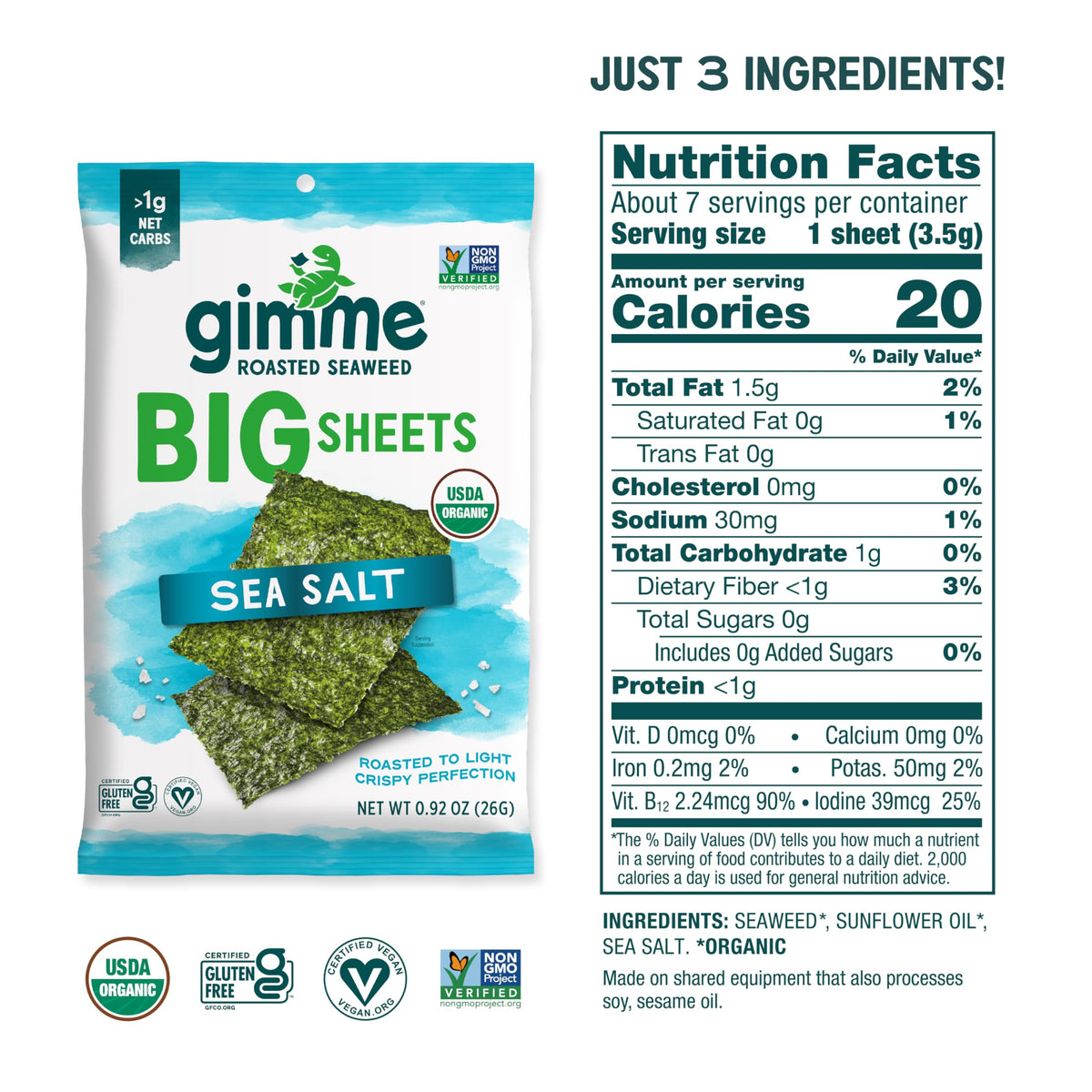 gimMe Seaweed Organic Big Sheets – Sea Salt, Keto-Friendly, 10 x 0.92oz