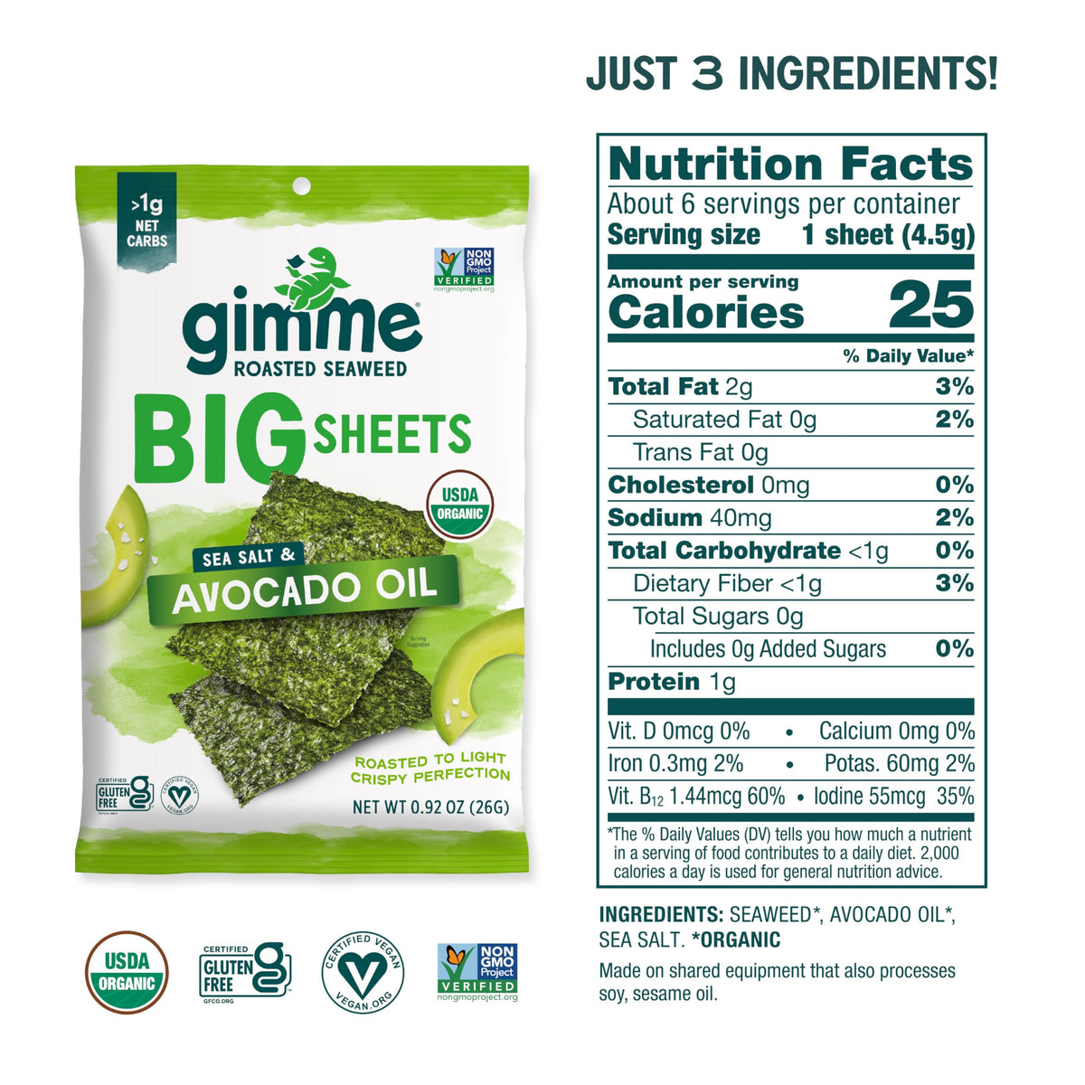 gimMe Organic Seaweed Big Sheets – Sea Salt & Avocado Oil | Keto, Vegan, Gluten-Free