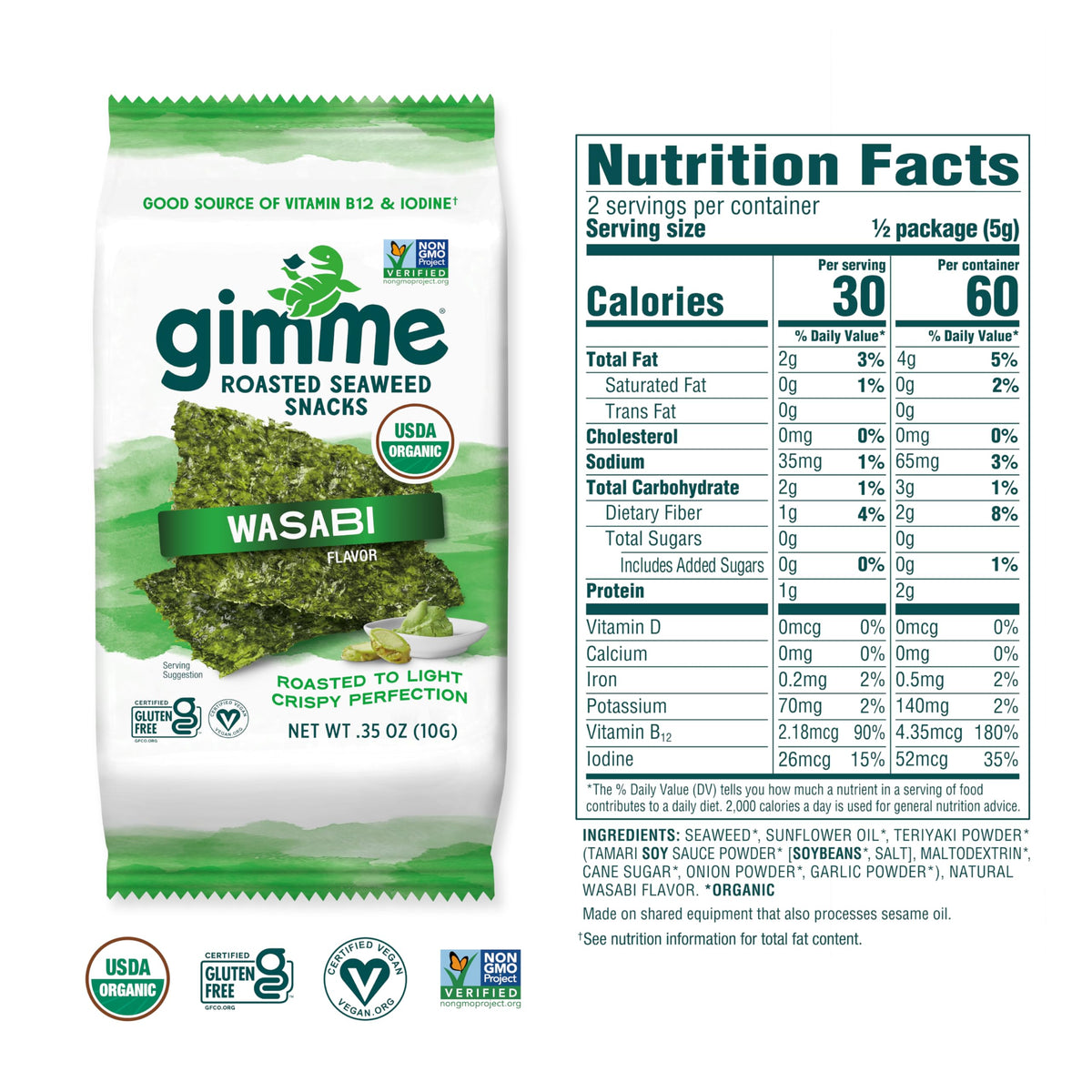 GimMe Seaweed Organic Premium Roasted Seaweed Snacks - Wasabi (12 Count) | Keto, Vegan, Gluten-Free