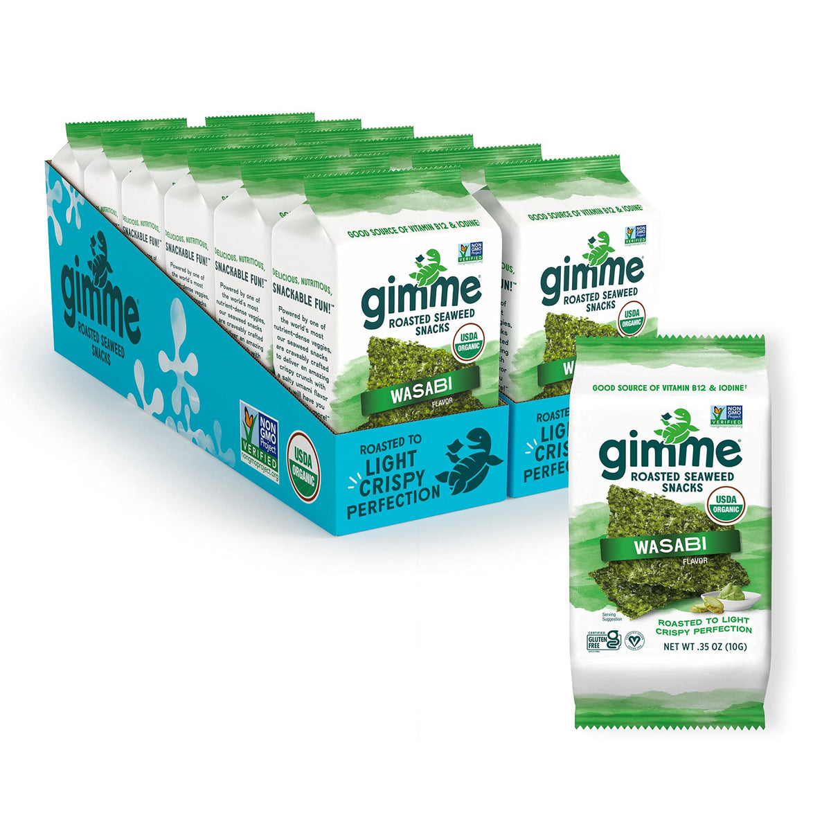 GimMe Seaweed Organic Premium Roasted Seaweed Snacks - Wasabi (12 Count) | Keto, Vegan, Gluten-Free
