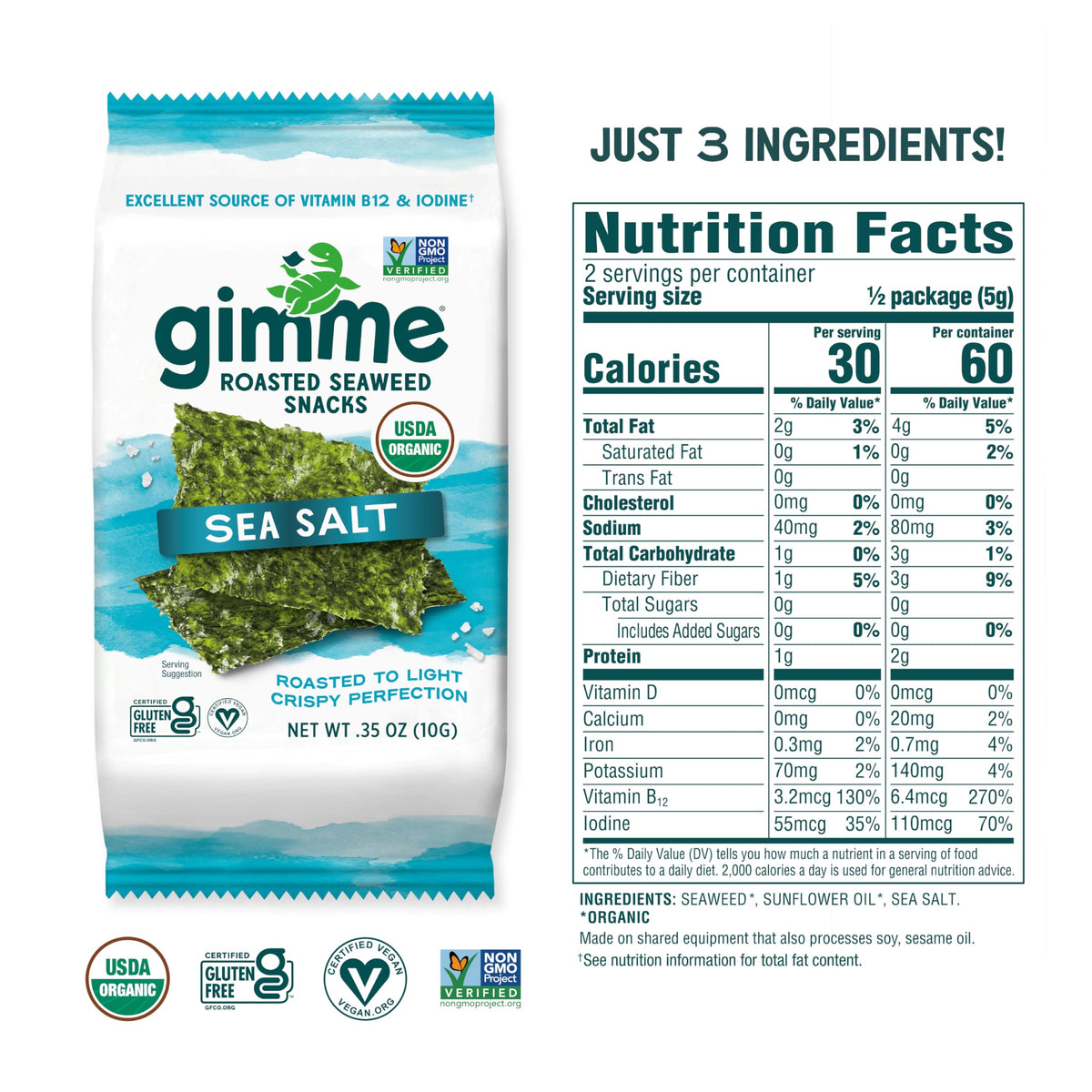 GimMe Organic Seaweed Snacks – Sea Salt Roasted Seaweed, 12-Pack, Keto, Vegan, Gluten-Free, Omega-3 & Iodine