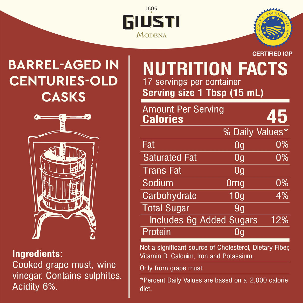 Giusti Italian Balsamic Vinegar of Modena IGP, Matured & Thick, 250ml | 3 Gold Medals