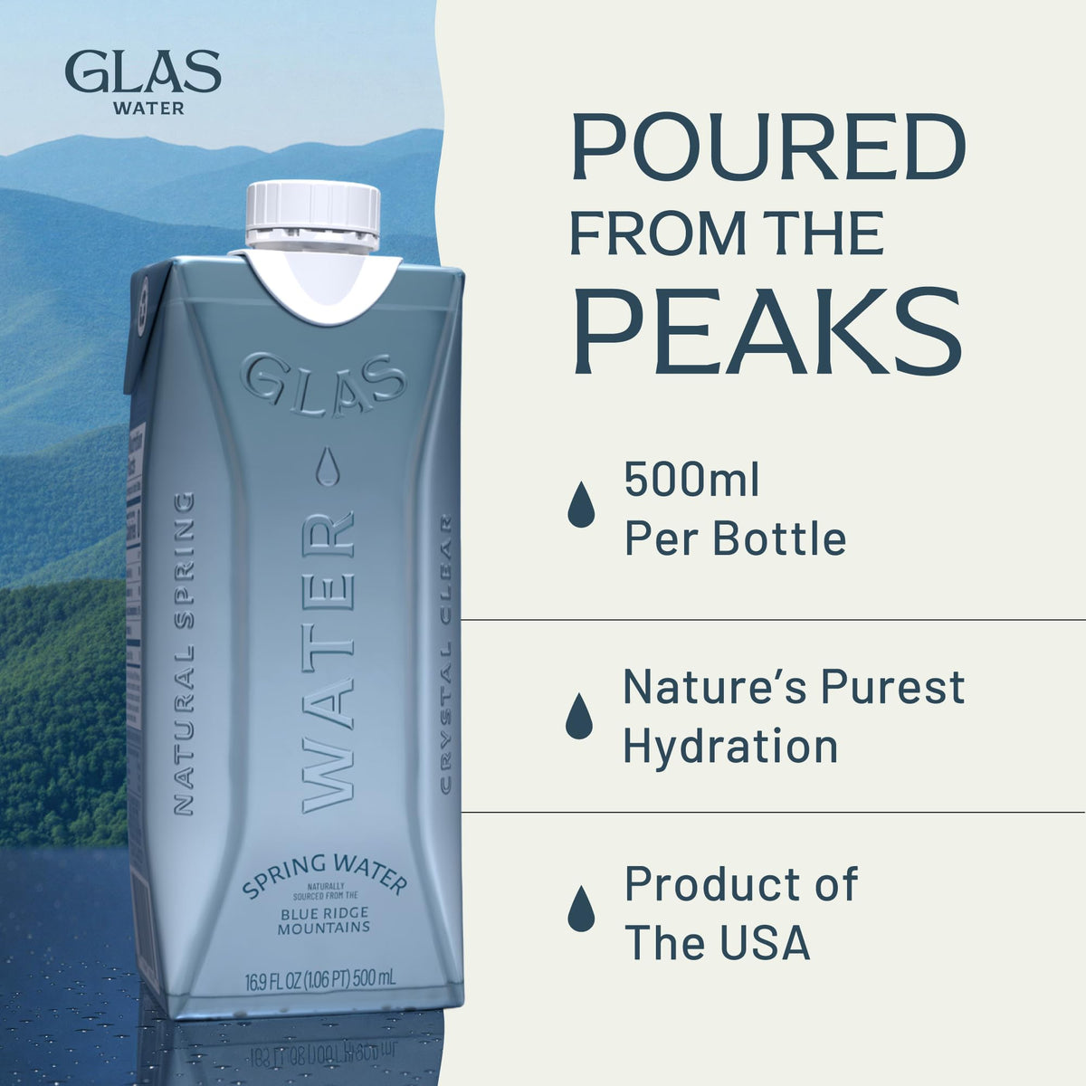 GLAS Water Natural Spring Water (12 Pack) — FSC Paper Bottle, Plant-Based Cap, BPA-Free
