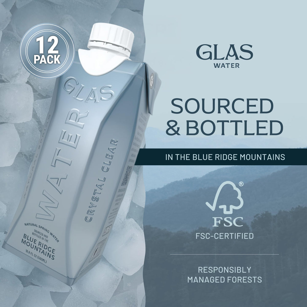 GLAS Water Natural Spring Water (12 Pack) — FSC Paper Bottle, Plant-Based Cap, BPA-Free