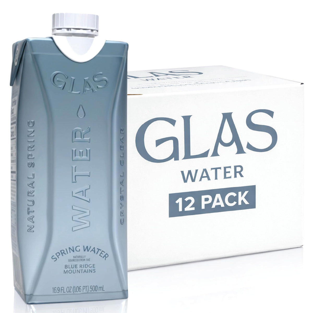 GLAS Water Natural Spring Water (12 Pack) — FSC Paper Bottle, Plant-Based Cap, BPA-Free