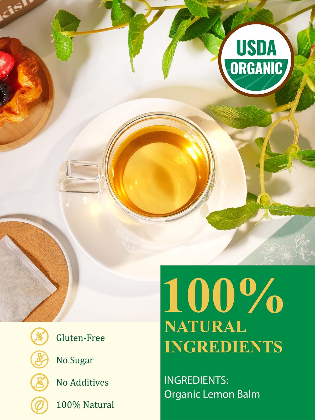 GLDNT Organic Lemon Balm Tea Bags – Caffeine-Free Herbal Tea, 100 Count