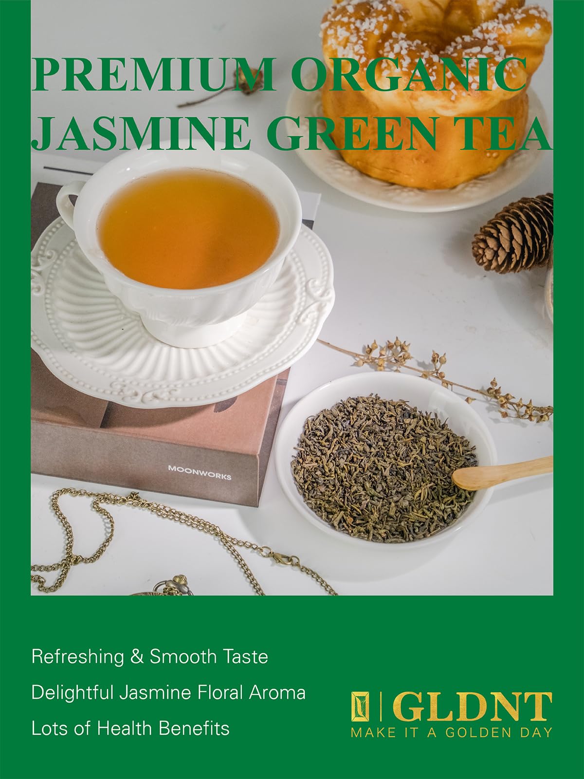 GLDNT Organic Jasmine Green Tea – Loose Leaf, Delicate Aroma & Smooth Flavor, Hot & Iced Tea, 16 oz