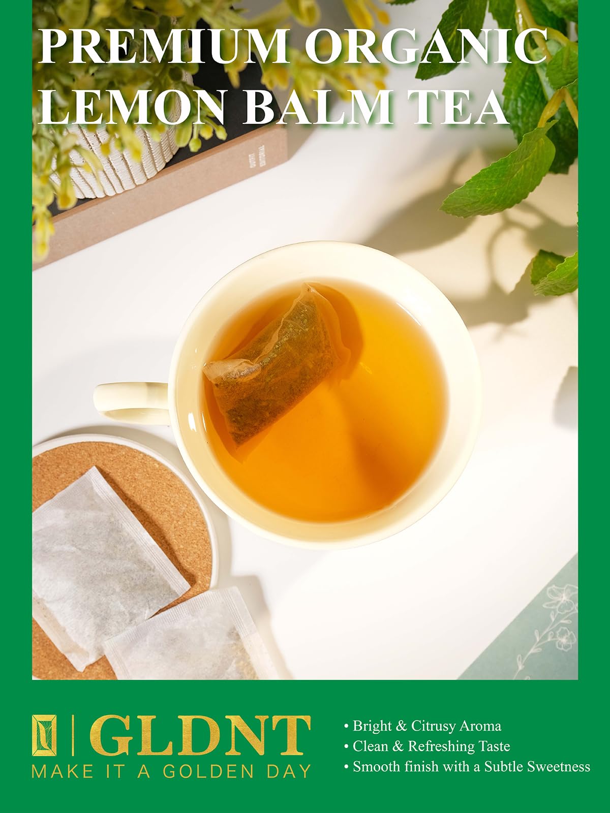 GLDNT Organic Lemon Balm Tea Bags – Caffeine-Free Herbal Tea, 100 Count