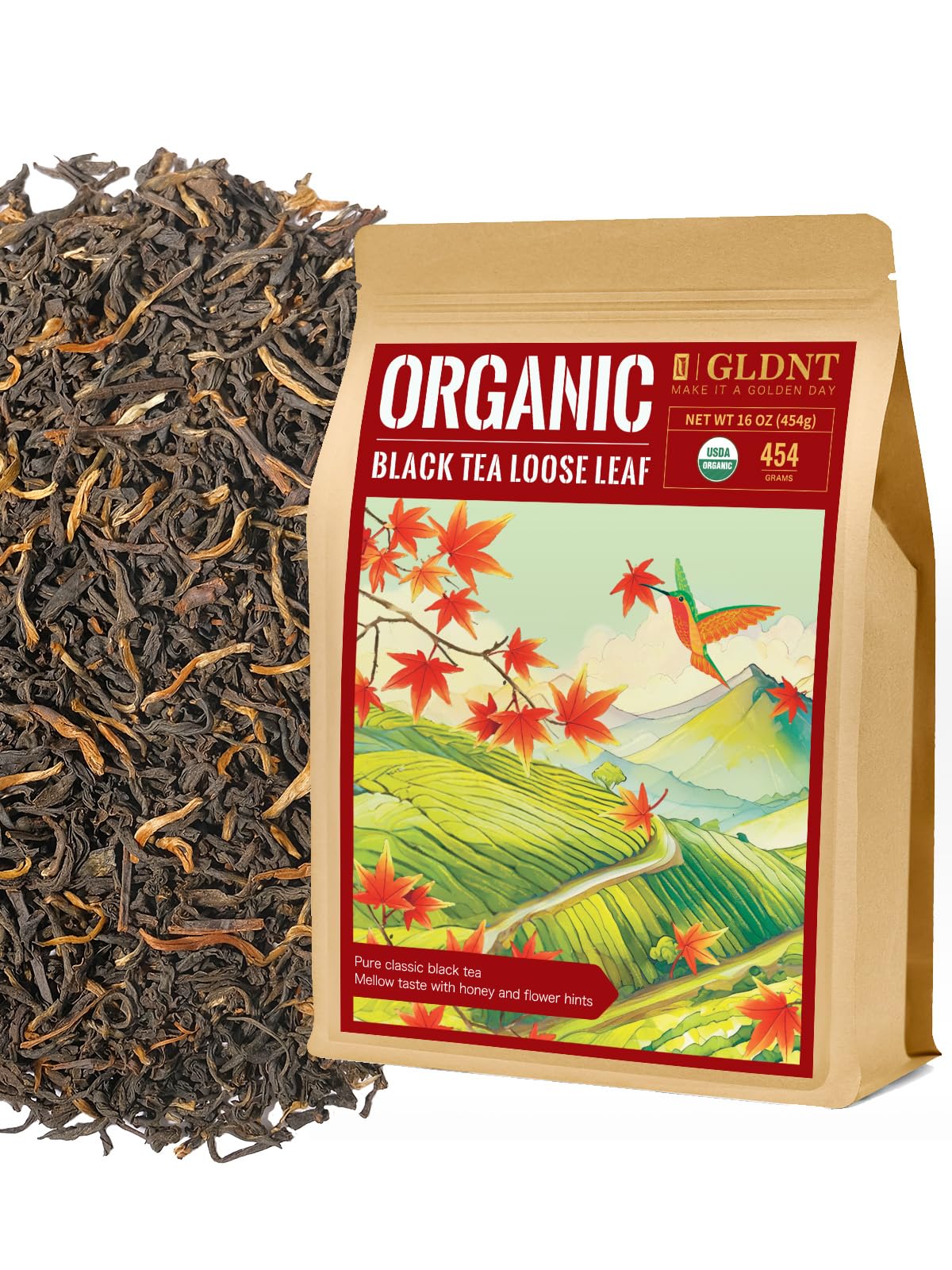 GLDNT Organic Black Tea Loose Leaf – Full-Bodied & Mellow, Caffeinated, 16oz