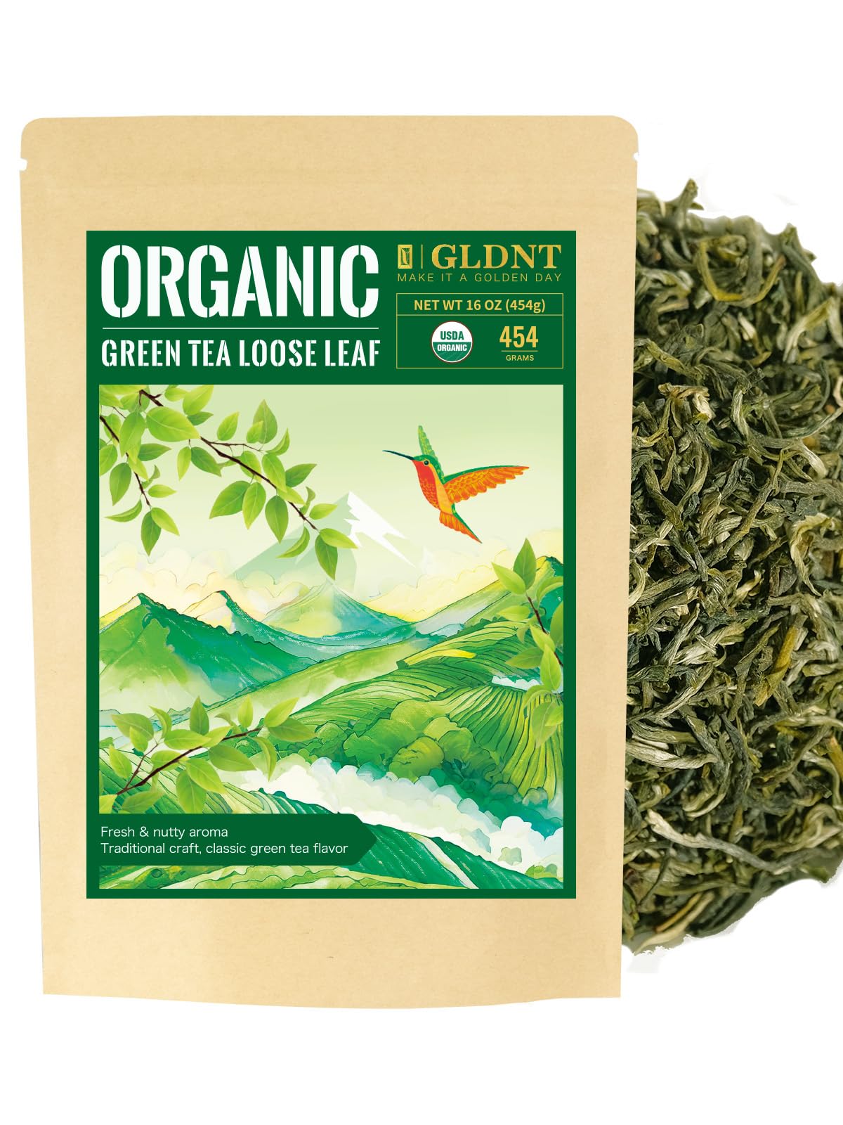 GLDNT Organic Green Tea - High Mountain Loose Leaf, Smooth & Delicate Flavor, 16oz