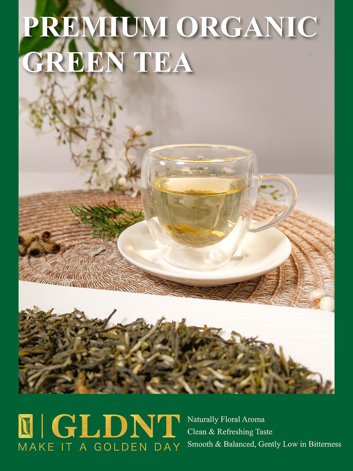 GLDNT Organic Green Tea - High Mountain Loose Leaf, Smooth & Delicate Flavor, 16oz
