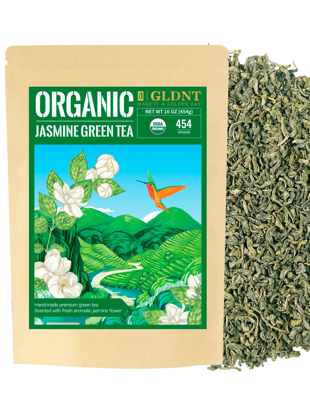 GLDNT Organic Jasmine Green Tea – Loose Leaf, Delicate Aroma & Smooth Flavor, Hot & Iced Tea, 16 oz