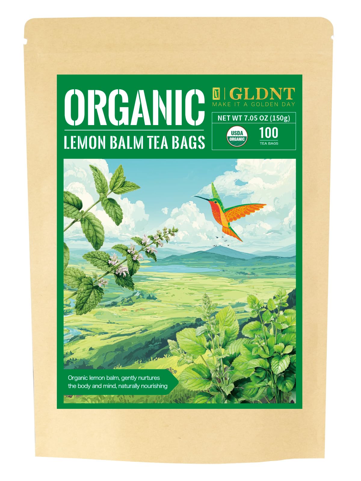 GLDNT Organic Lemon Balm Tea Bags – Caffeine-Free Herbal Tea, 100 Count