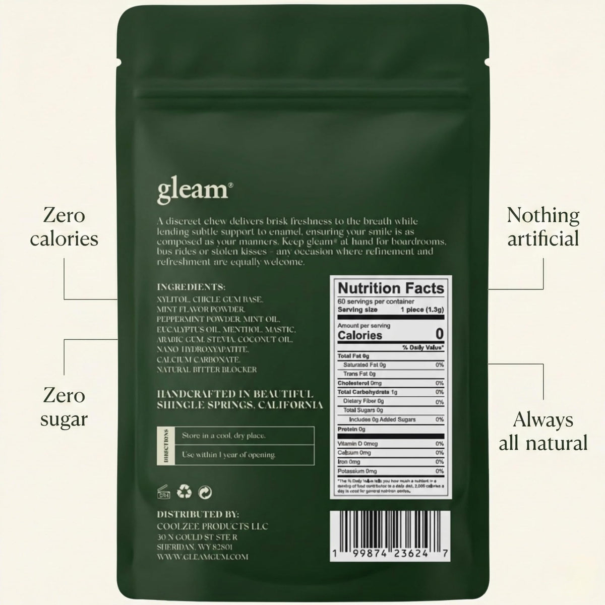 Remineralizing Gum with Nano Hydroxyapatite & Xylitol | Gleam Gum, 60 Pieces