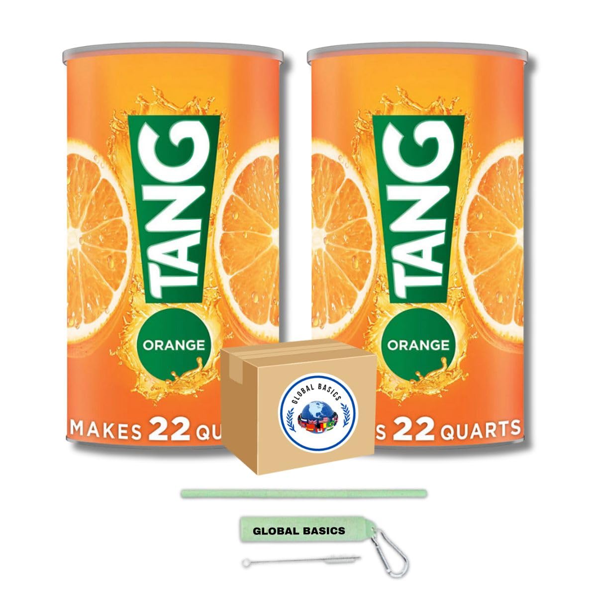 Global Basics Tang Orange Flavored Powdered Drink Mix – Pack of 2 (144 oz total) + Reusable Straw Set