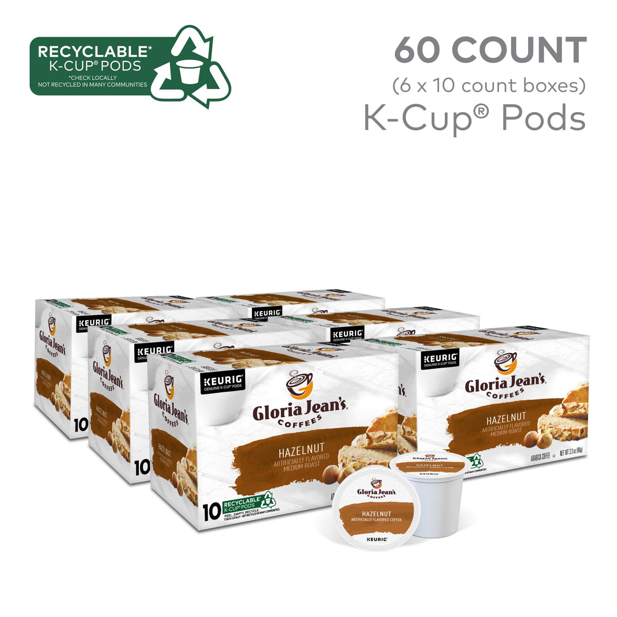 Gloria Jean's Hazelnut K-Cup Pods – Medium Roast Coffee, 60 Count (6 Packs of 10)