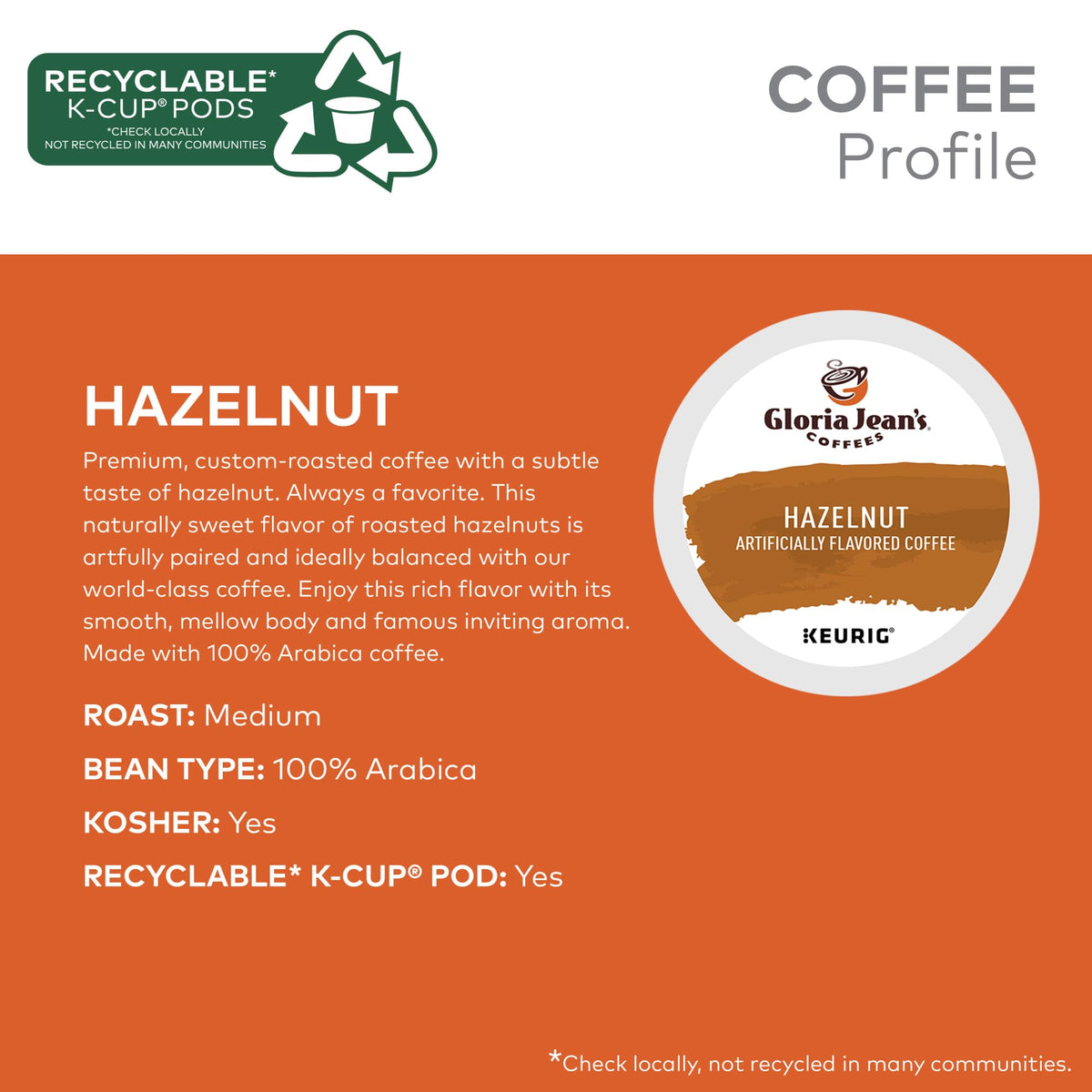 Gloria Jean's Hazelnut K-Cup Pods – Medium Roast Coffee, 60 Count (6 Packs of 10)