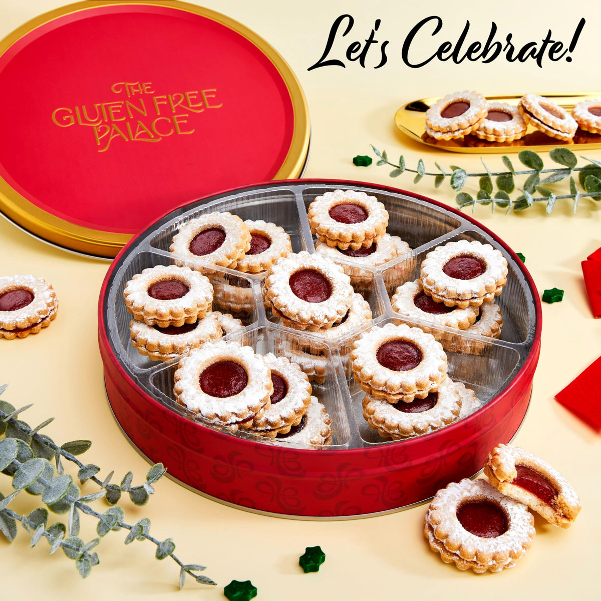 Gluten Free Palace Gift Basket – 21 Gluten Free Linzer Tart Cookies in a Red Tin