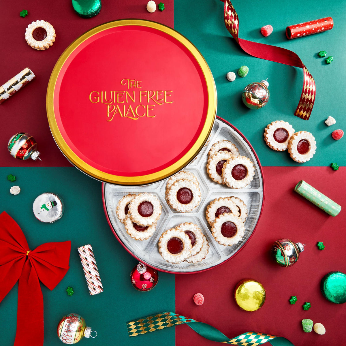 Gluten Free Palace Gift Basket – 21 Gluten Free Linzer Tart Cookies in a Red Tin