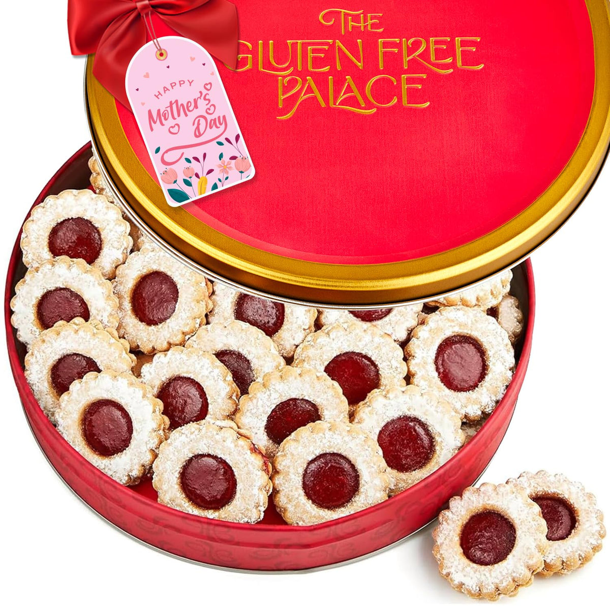 Gluten Free Palace Gift Basket – 21 Gluten Free Linzer Tart Cookies in a Red Tin