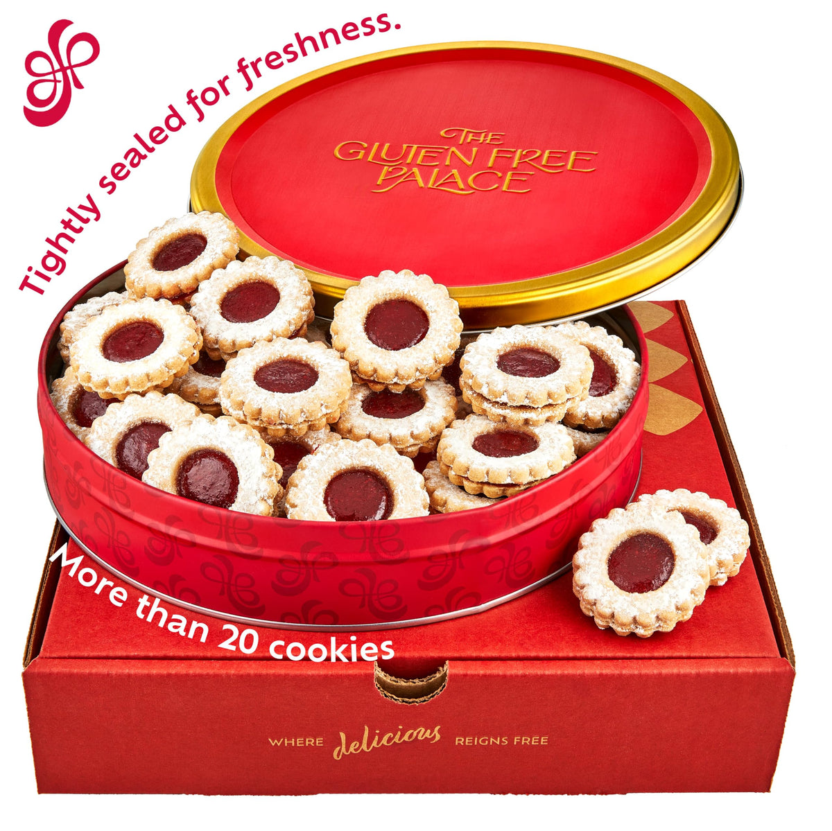 Gluten Free Palace Gift Basket – 21 Gluten Free Linzer Tart Cookies in a Red Tin