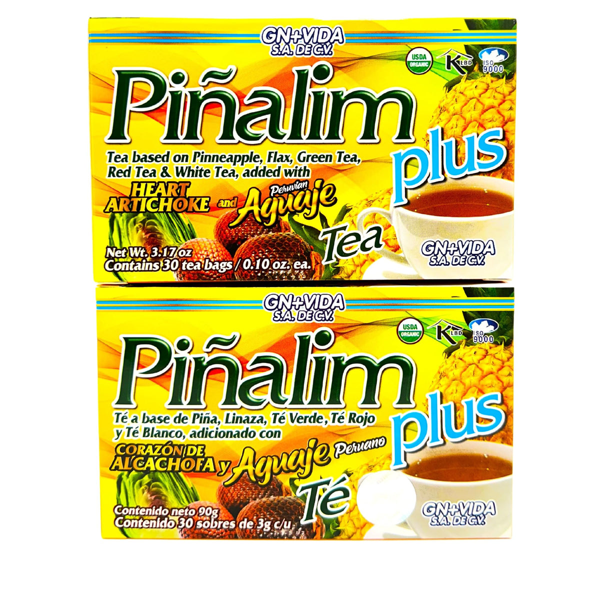 GN+Vida Pinalim Plus Tea - Aguaje Peruano & Artichoke Heart, Caffeine Free Detox (Pack of 2, 60 Bags)