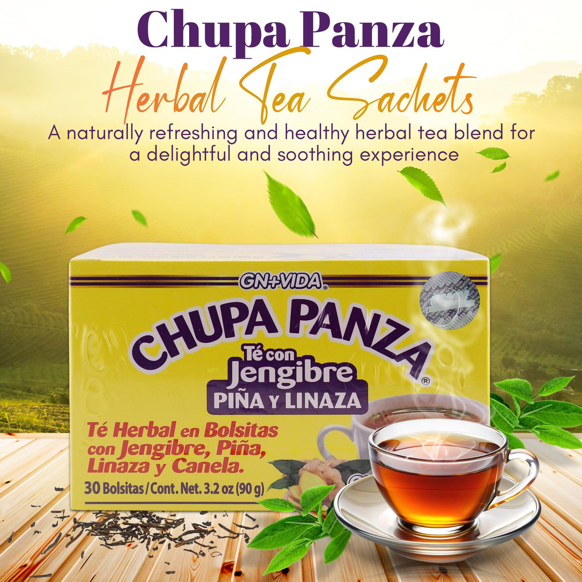 GN+Vida Tea CHUPA Panza: Ginger Pineapple Tea with Flaxseed & Cinnamon (Set of 2, 60 Bags)