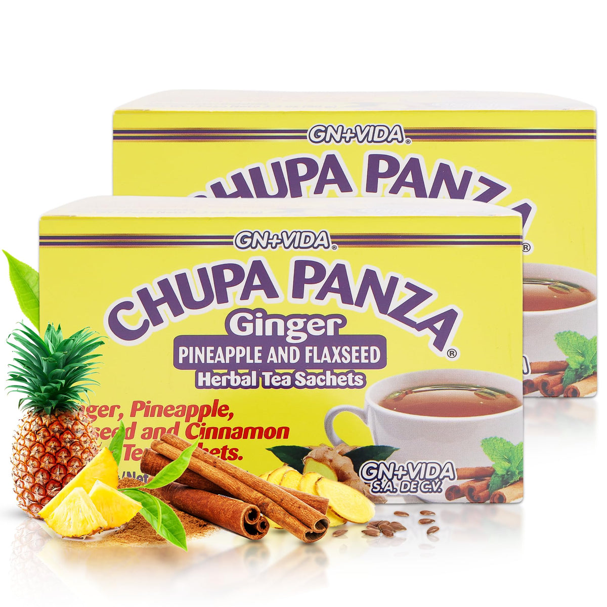 GN+Vida Tea CHUPA Panza: Ginger Pineapple Tea with Flaxseed & Cinnamon (Set of 2, 60 Bags)