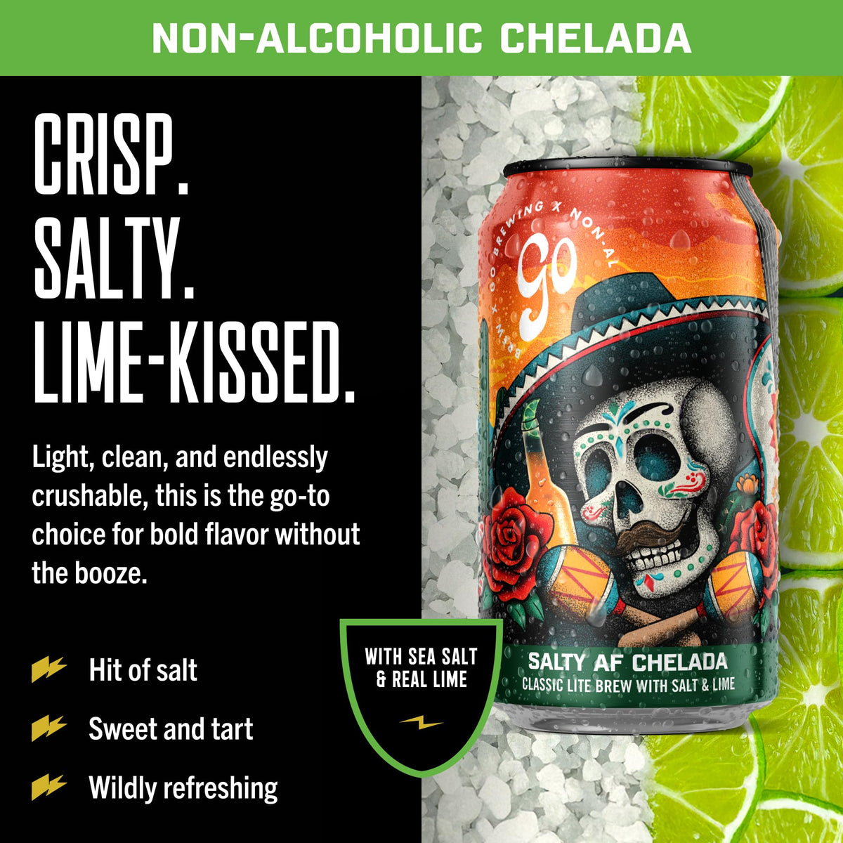 Go Brewing Salty Lime AF Chelada – Non-Alcoholic Craft Beer, Low-Cal & Low-Gluten