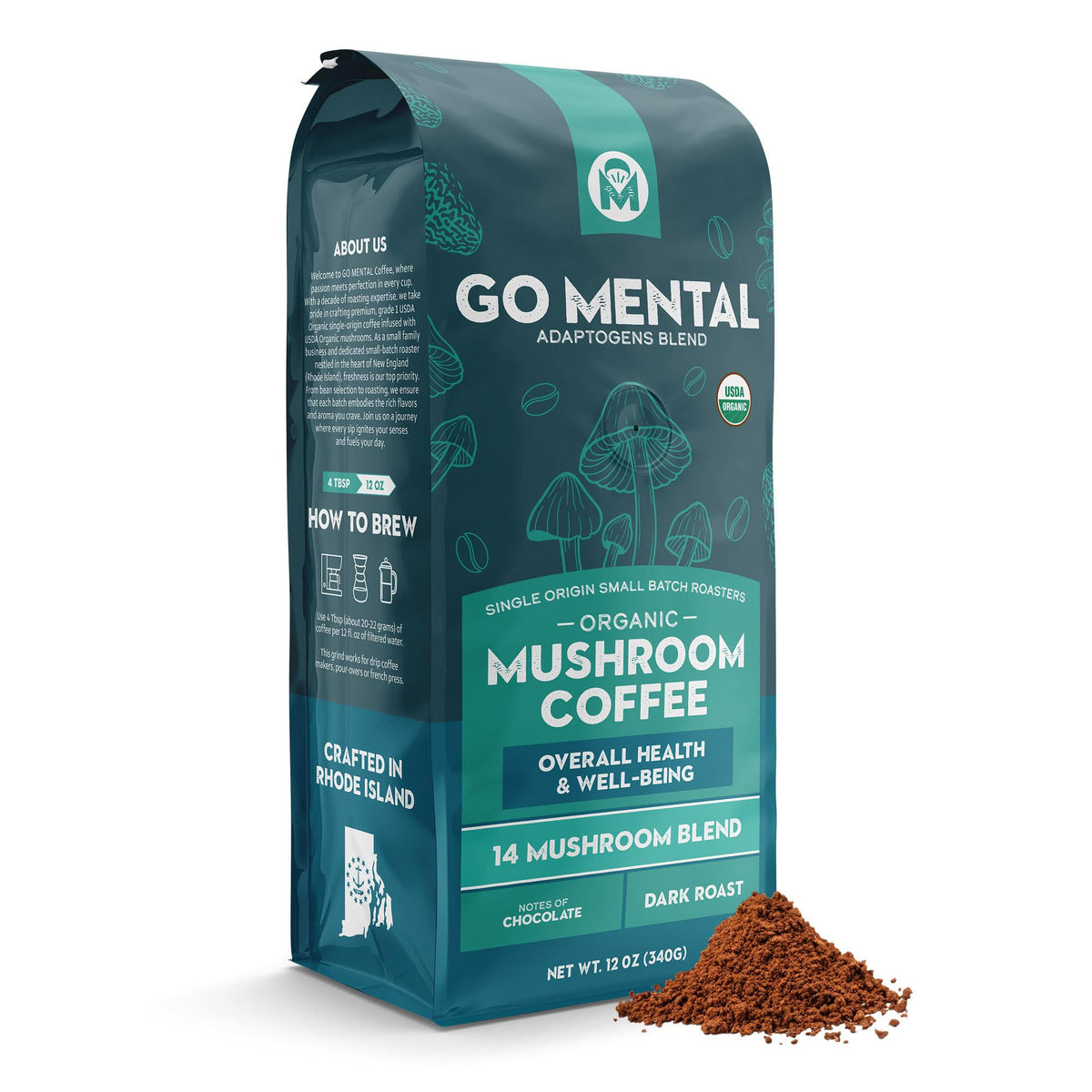 GO MENTAL Organic 14 Mushroom Coffee Blend – Dark Roast, 12 oz