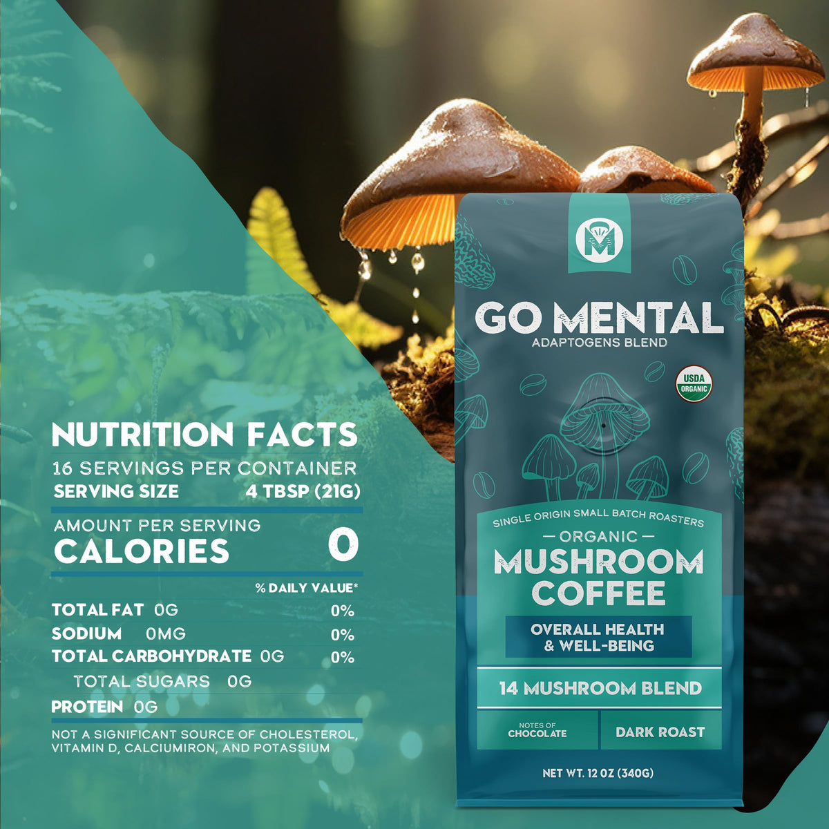 GO MENTAL Organic 14 Mushroom Coffee Blend – Dark Roast, 12 oz