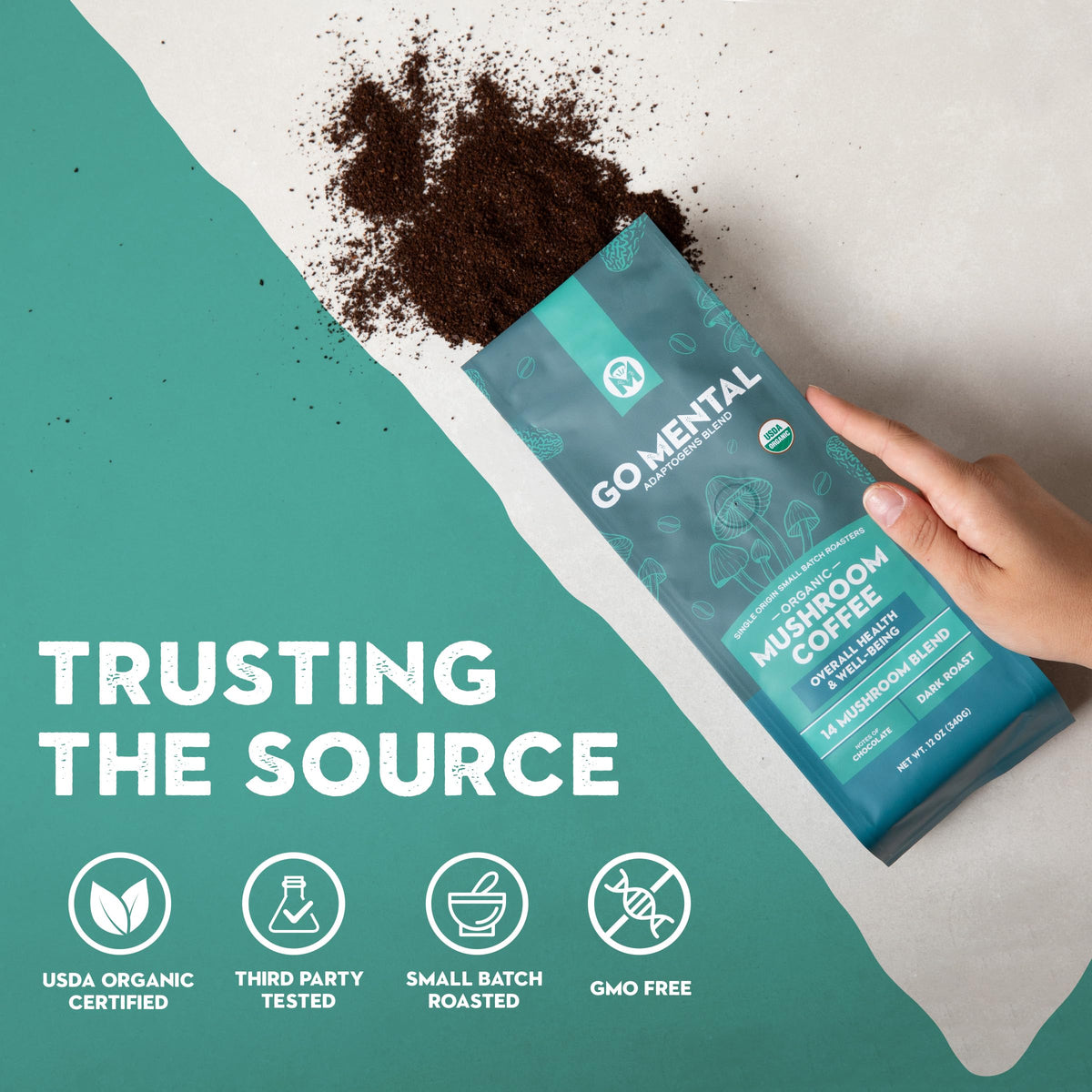 GO MENTAL Organic 14 Mushroom Coffee Blend – Dark Roast, 12 oz